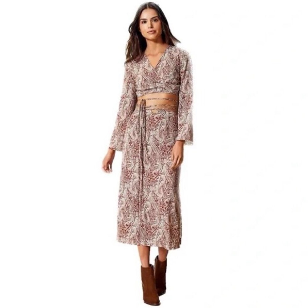 GIANNI BINI Brown Paisley Two Piece‎ Midi Dress Set Boho Hippie 70s Size 0 New